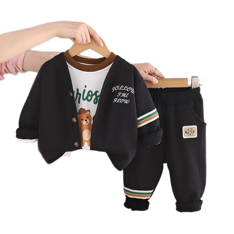 Boys' Outfit Stylish 2026 New Baby Children's Spring and Autumn Long Sleeve Korean Version Bear Cardigan Three-Piece Set Trendy