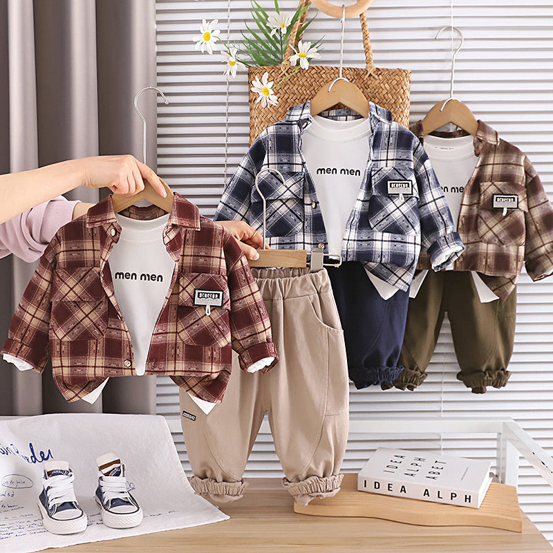 Boys' Outfit 2026 New Fashionable Children's Spring and Autumn Baby Stylish Casual Plaid Shirt Three-Piece Set