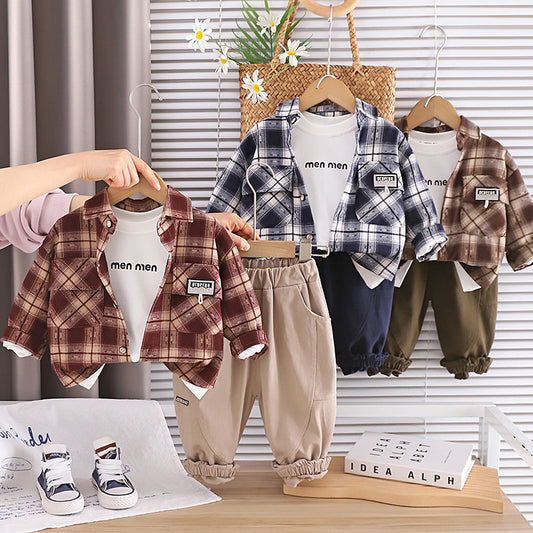 Boys' Outfit 2026 New Fashionable Children's Spring and Autumn Baby Stylish Casual Plaid Shirt Three-Piece Set