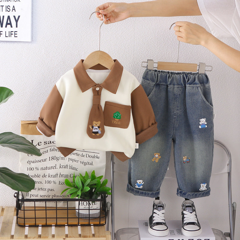 Boys' Autumn Outfit: Two-piece with Collared Tie Sweatshirt, 2026 New Fashionable Casual POLO Shirt Clothing Set for Children