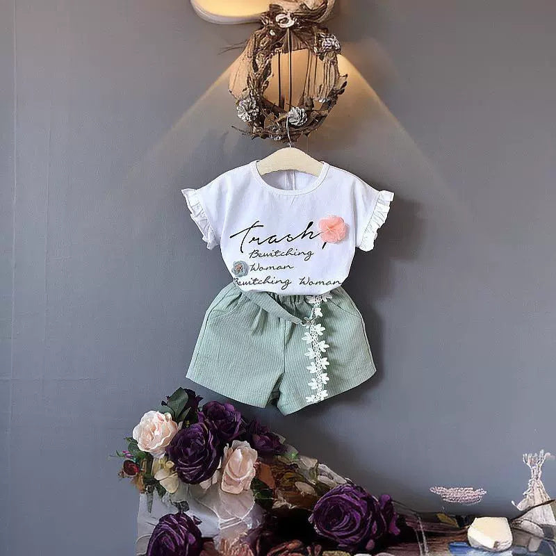 2024 New Summer Children's Clothing Set: Short-Sleeve Floral Letter T-Shirt + Shorts Two-Piece Casual Outfit for Girls