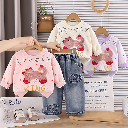 Girls' Outfit Set, Stylish 2026 New Model, Baby Girl Spring and Autumn Colorful Dot Embroidered Sweatshirt Two-Piece Set