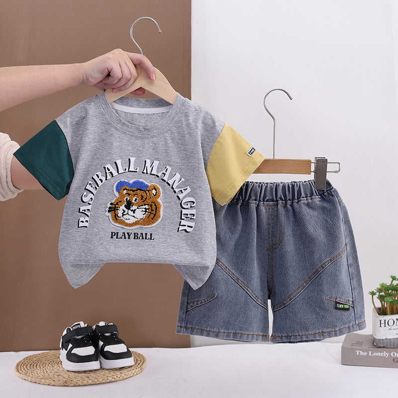 Boys' Outfit 2026 New Children's Cartoon Animal Clothes Baby Summer Thin Color-Block T-Shirt Two-Piece Set