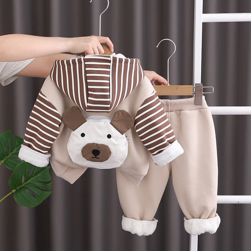 Boys' Autumn and Fleece-Lined Bag Dog Three-Piece Set New Baby Winter Warm Outfit Stylish Clothes Trendy Children's Clothing
