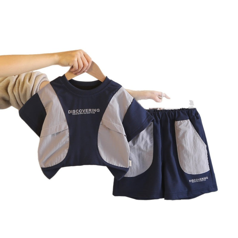 New stylish outfit for boys 2026, baby short-sleeve clothing, children's summer patchwork print two-piece set, trendy