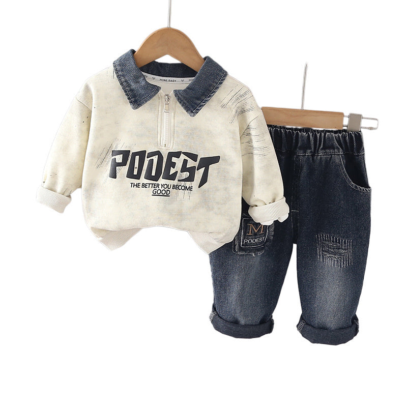 Boys' Outfit 2026 New Fashionable Children's Spring and Autumn Clothes Baby Boy's Foam Letter Sweatshirt Two-Piece Set