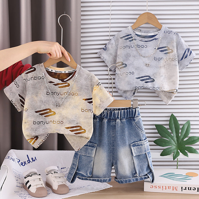 Baby Boy Outfit 2026 New Children's Clothing Boys' Summer Short-Sleeve Letter Print Two-Piece Set Trendy