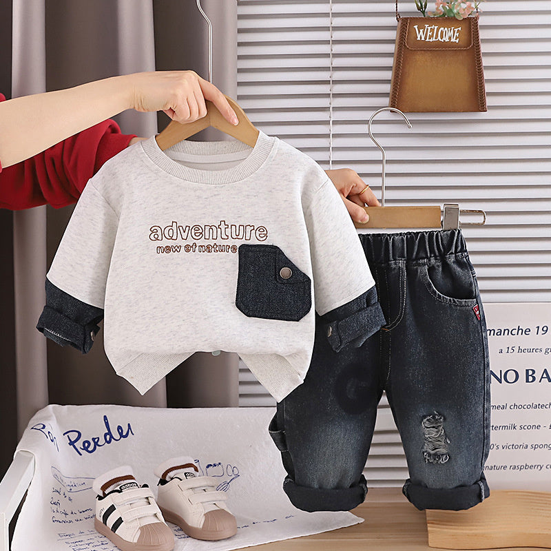 Boys' Outfit 2026 Spring and Autumn Clothes Infant Children's Denim Pocket Sweatshirt Baby Stylish Two-Piece Set Trendy