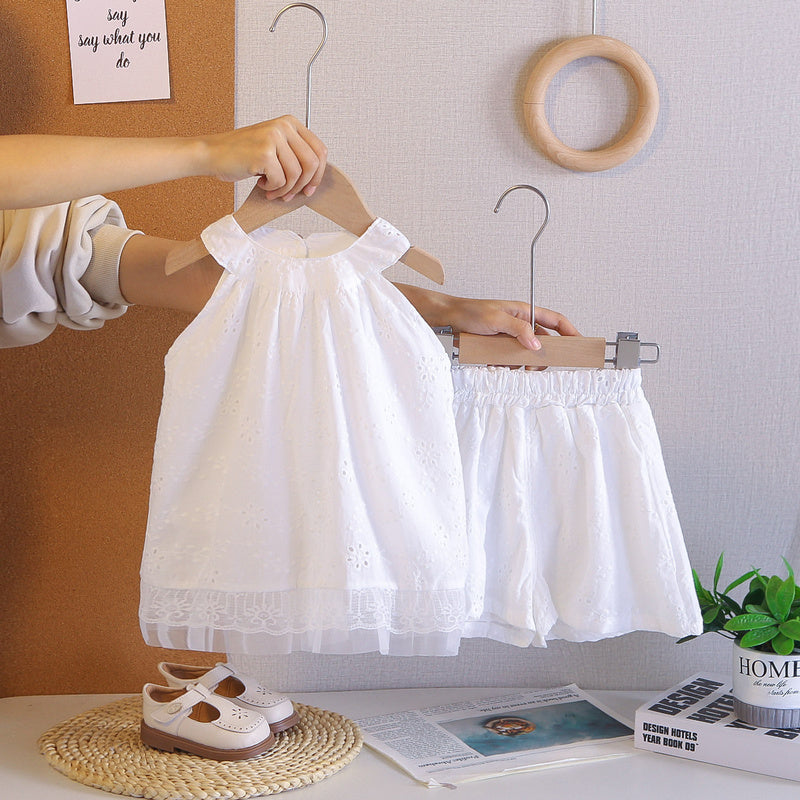 Stylish summer outfits baby girls aged 1-3 years, 5-piece set, infant girls' halter neck jacquard clothing, trendy clothes for toddlers