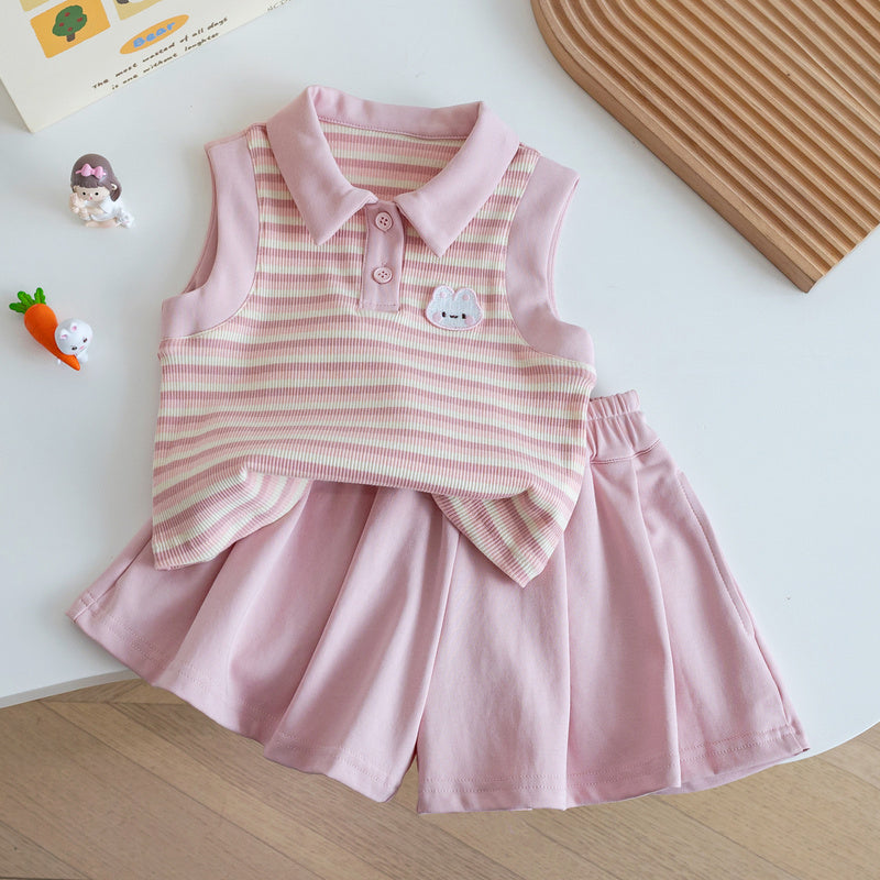 Kindergarten Baby Summer Korean Striped Vest T+ Pleated Cute Pink Shorts Girls Polo Shirt Set