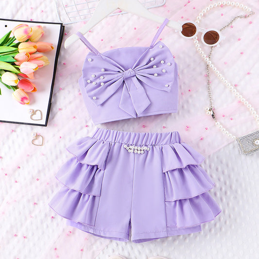 Baoxin Children's Clothing Cross-Border European and American Summer New Girls' Outfit: Pearl Bow Strap Top + Cake Hem Shorts