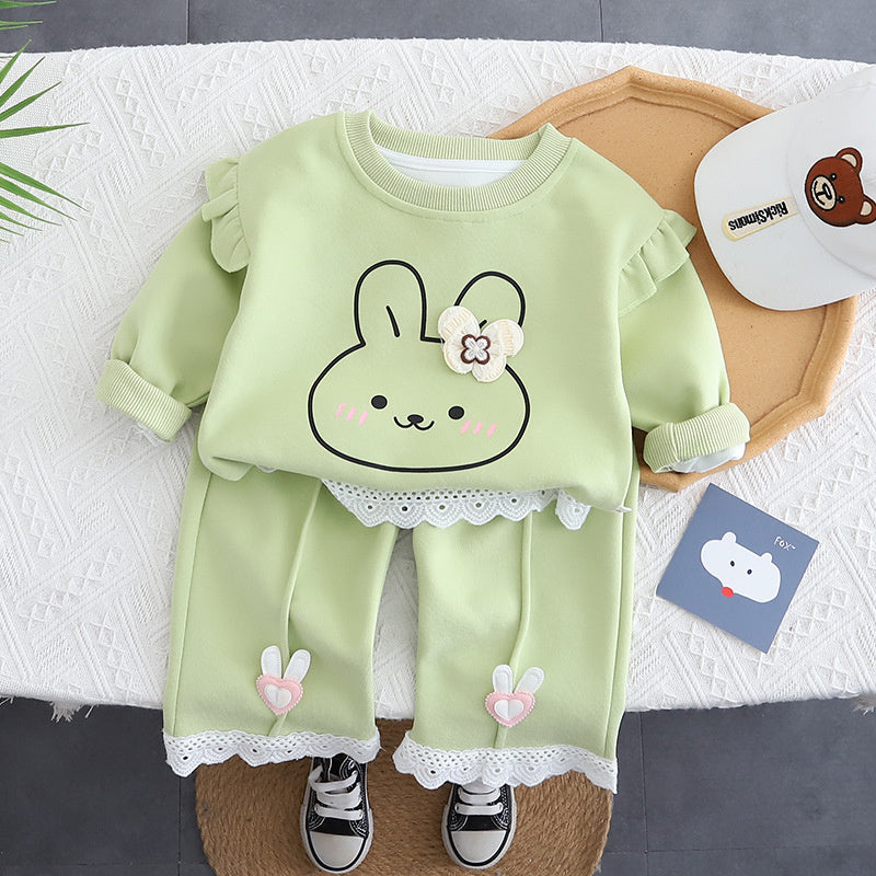 Girls' Lace Trim Bunny New Korean Style Fashionable Baby Casual Spring Autumn Sweatshirt for Outerwear