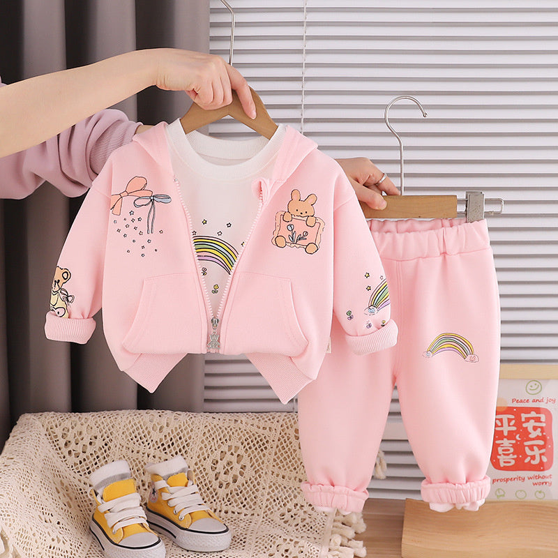 Girls' Outfit 2026 New Fashionable Rainbow Rabbit Hoodie Three-Piece Set Baby Spring Clothes Infant Trendy