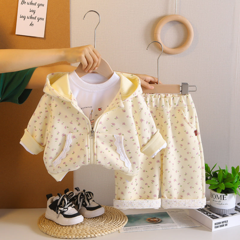 Girls' Outfit Stylish Baby Clothes Spring and Autumn Infant Toddler Full Print Small Flower Lace Three-Piece Set Trendy