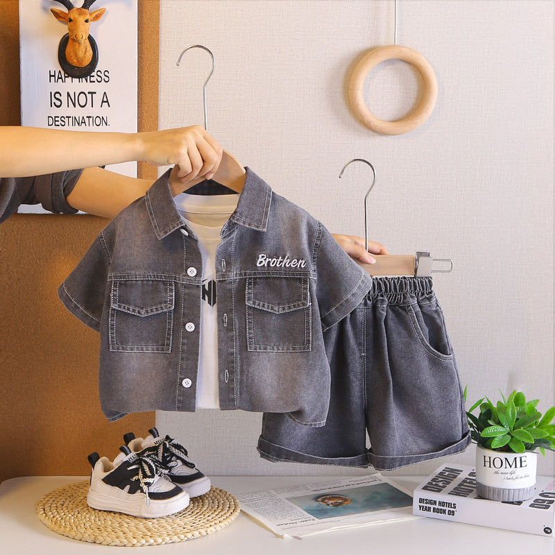 Boys' Outfit 2026 New Style Baby Summer Letter Print Denim Clothes Children's Stylish Short Sleeve Three-Piece Set