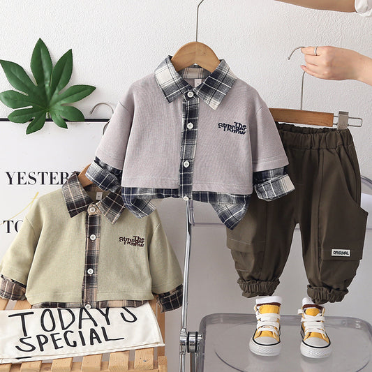 Boys' outfit, plaid color-block two-piece set, trendy and stylish, fashionable clothes for 2-year-old baby, spring stylish 3-piece boy's suit