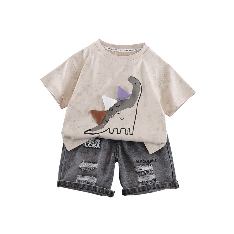 Boys' 2026 Summer Outfit New Fashionable Baby Children's Triangular Dinosaur Short Sleeve Cartoon Two-Piece Set Trendy