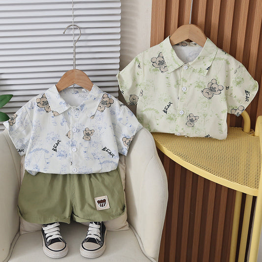 Boys' Outfit 2026 New Short-Sleeve Stylish Toddler Summer Wear Bear Shirt Two-Piece Set Baby Trendy Clothes
