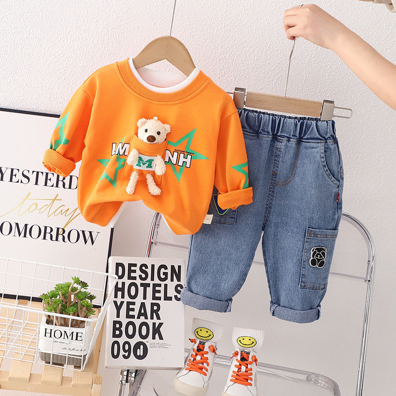 Korean Version New Spring Autumn Boys and Girls Children Baby Two-piece Cartoon Round Neck Bear Five-pointed Star Long-sleeved Children's Set