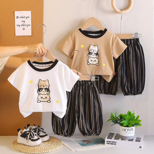 Boys' Summer Outfit Cartoon Kitten Short Sleeve 2026 New Fashionable Children's Baby Striped Shorts Two-Piece Set Trendy