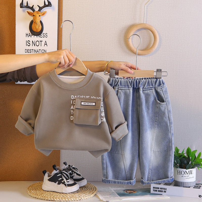 Boys' Spring Autumn Casual Outfit 2026 New Solid Color Pocket Sweatshirt and Pants Two-Piece Set for 1-3-5 Year Olds Trendy