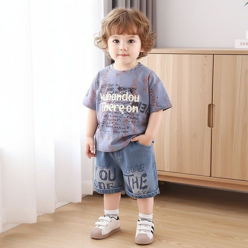 Boys' Short-Sleeve 2026 New Summer Outfit Baby Stylish Korean Version Ripped Letter Print Thin Two-Piece Trendy Set