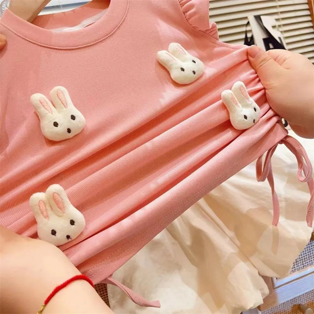 Girls' Summer New Set Baby Cute 3D Bunny Drawstring Top and Bloomers Shorts Two-Piece Trendy