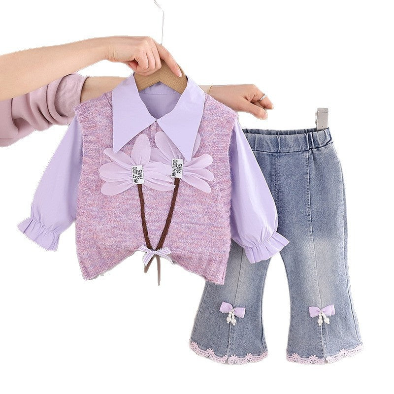 Clothing 2026 New Style Children's Floral Sweater Long Sleeve Outfit Little Girls Spring and Autumn Three-Piece Set