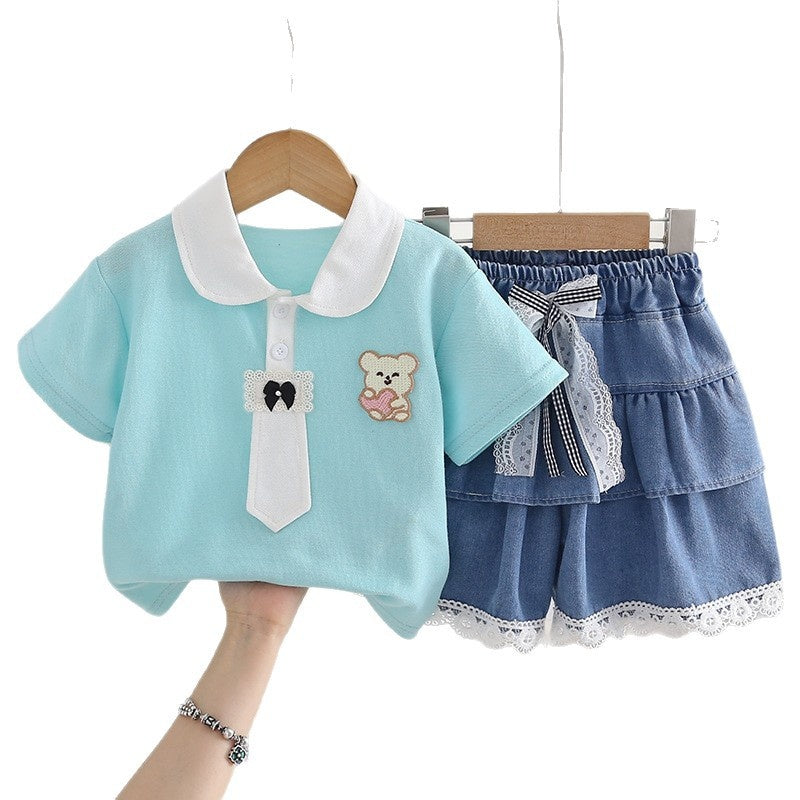 Girls' Outfit 2026 New Cute Baby Summer Embroidered Bunny Short Sleeve Two-Piece Set Trendy