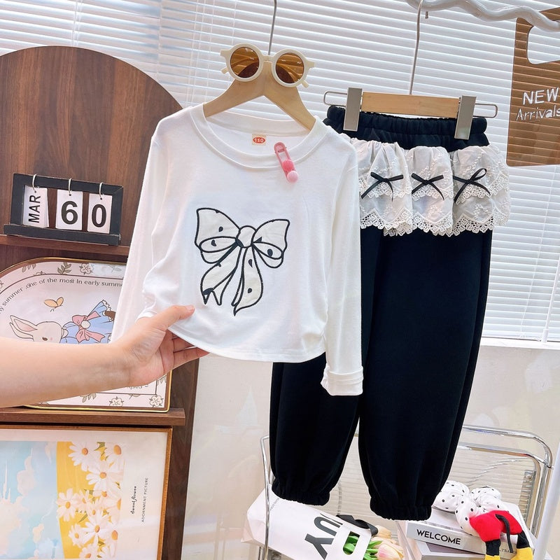 Girls' 2025 Autumn New Children's Clothing Set: Bowknot Long Sleeve Top and Lace Patchwork Sweatpants Two-Piece Set