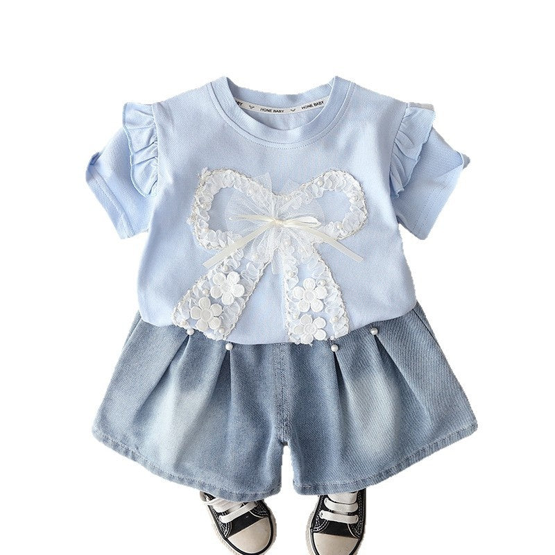 Girls' Short-Sleeve Outfit with Big Bow 1-4 Year Olds, Baby Clothes, Children's Wear, Lightweight Summer Clothing for Toddlers
