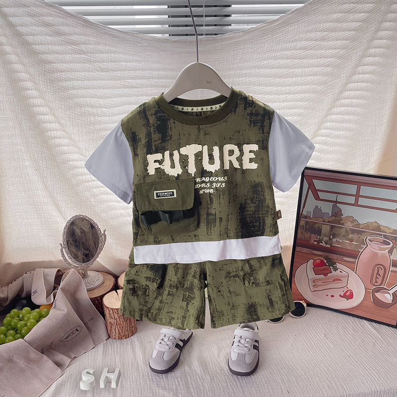 Baby clothes summer children's two-piece outfit stylish camouflage pocket cargo short-sleeve set for one-year-old boy