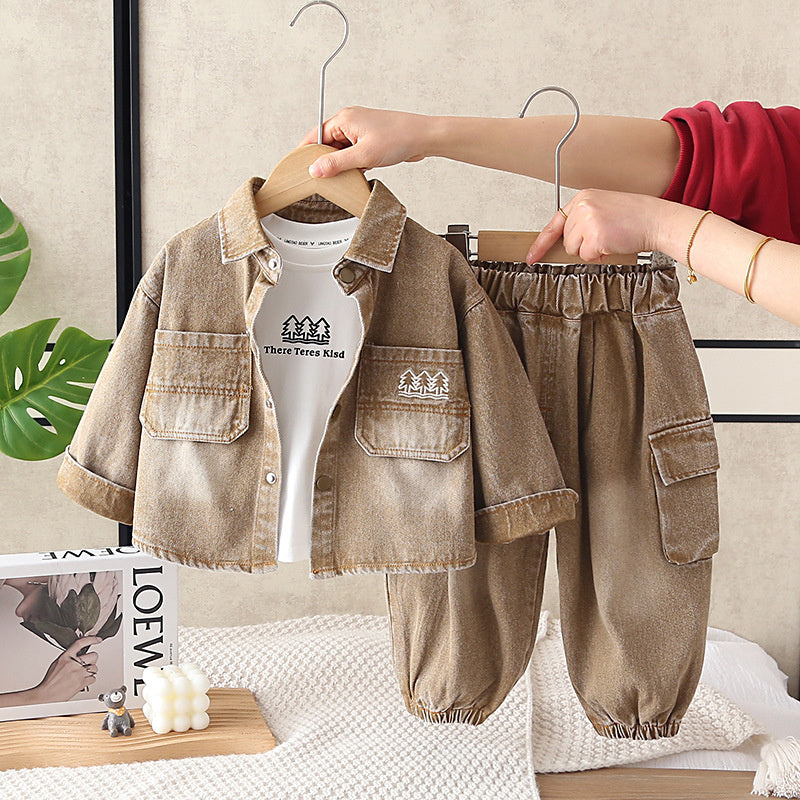 Boys' Outfit 2025 New Style 4: Stylish Children's Little Tree Denim Three-Piece Set Spring and Autumn, Trendy for 1-Year-Old Babies