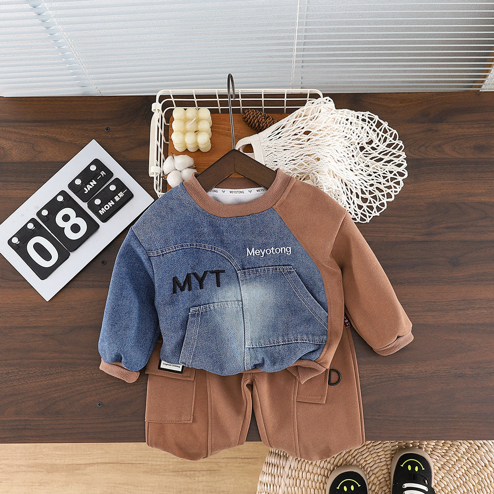 Children's Autumn Clothing for Boys 1-3 Years Old, Cute Outfit, Two-Piece Set with Denim Sleeves, Trendy Baby Clothes 2