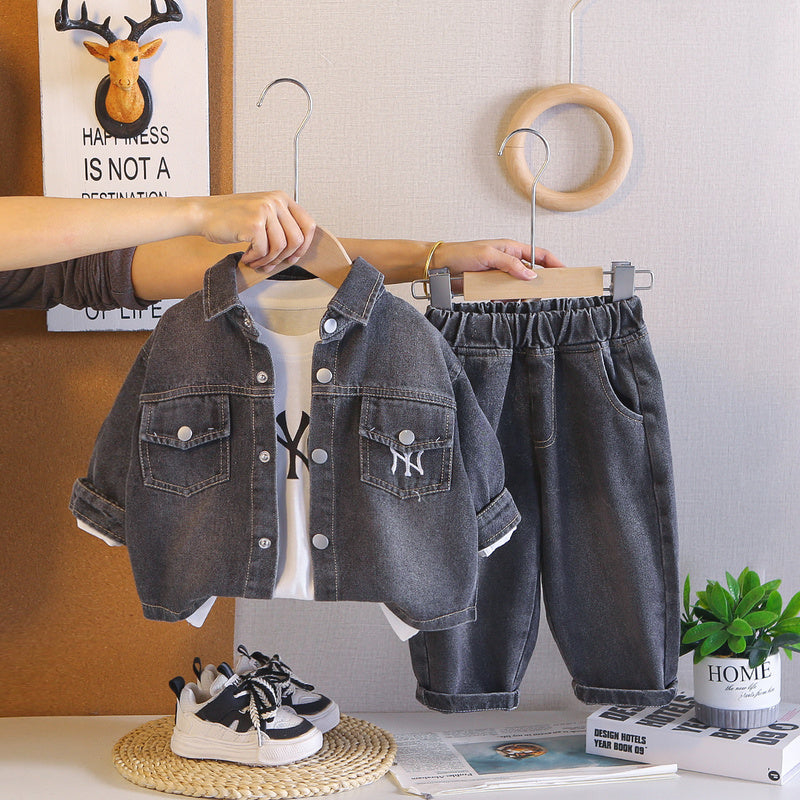 Outfit 2026 New Fashionable Infant Boys' Spring and Autumn Long-Sleeve Denim Jacket Three-Piece Set