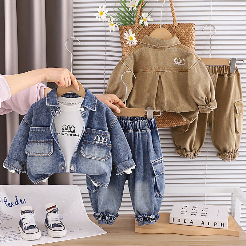 Boys' Outfit 2025 New Style 4: Stylish Children's Little Tree Denim Three-Piece Set Spring and Autumn, Trendy for 1-Year-Old Babies