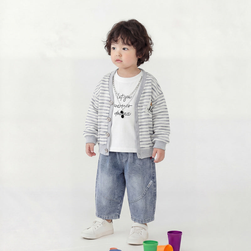 Boys' Outfit 2026 New Fashionable Children's Sunglasses Necklace Striped Three-Piece Set Stylish Baby Korean Style Autumn