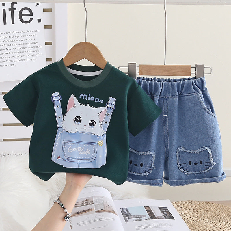 Girls' Summer Short-Sleeve Outfit 2026 New Fashionable Cartoon Cat Round-Neck Two-Piece Set for Children