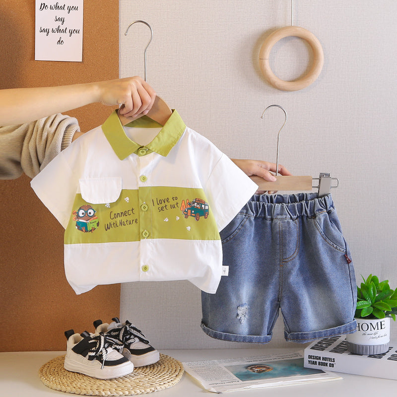 Boys' Summer Outfit 2026 New Fashionable Printed Cartoon Short-Sleeve Shirt Shorts Two-Piece Set for Infants and Children
