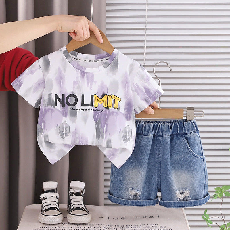 Boys' Stylish Denim Suit New Style for 1-3 Year Olds, Children's Summer Clothes, Short-Sleeved Two-Piece Set