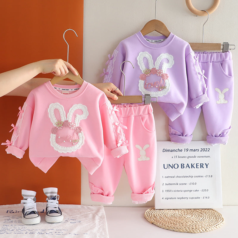 Girls' Fashionable Outfit 2 Children's Lace Bunny Clothes Baby Cute Toddler Clothing 1-Year-Old Girl Spring Autumn Set