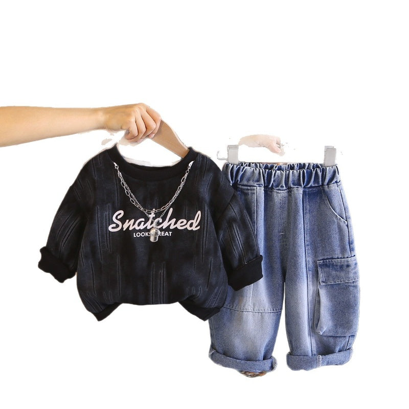 Boys' Autumn Outfit Round Neck Shirt 2026 New Fashionable Baby Spring/Autumn Necklace Letter Sweatshirt Two-Piece Set Trendy