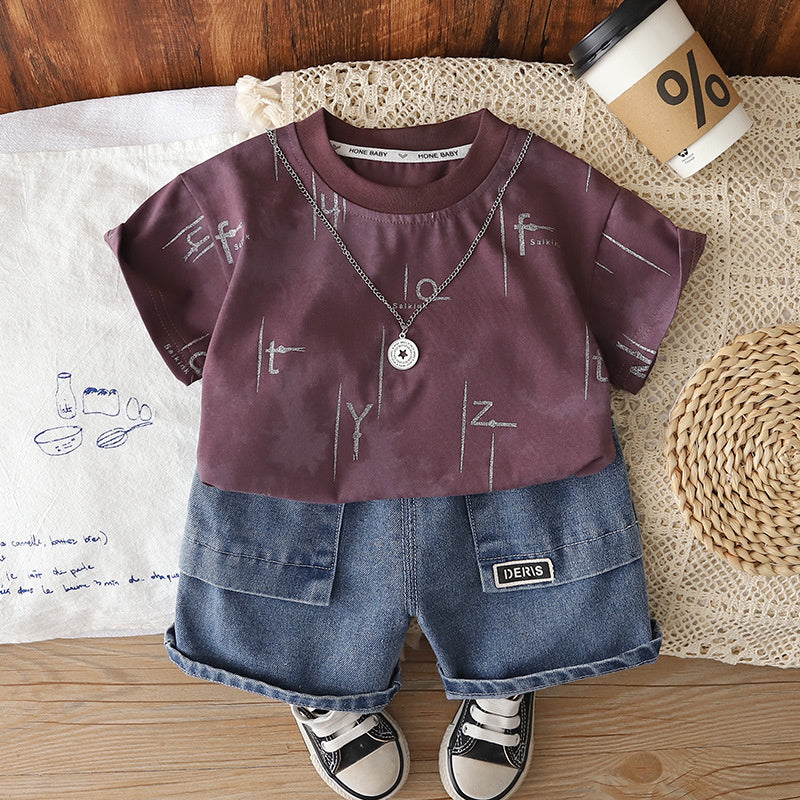 Boys' Summer Outfit 2026 New Fashionable Toddler Stylish Letter Print Short Sleeve Pants Baby Two-Piece Set