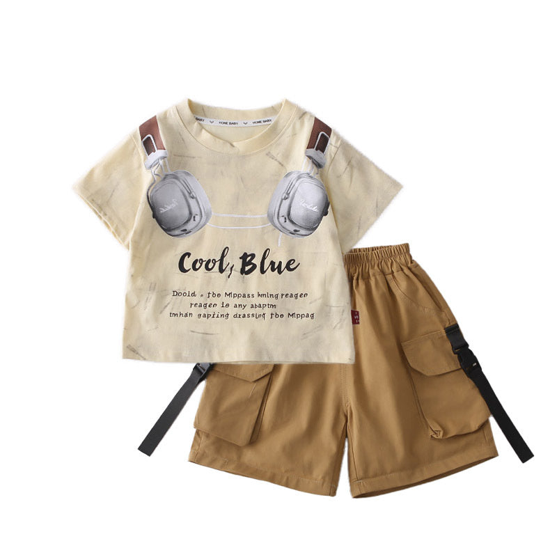 Boys' 2026 New Fashionable Children's Headphone Print Round Neck Short Sleeve Two-Piece Set Baby Summer Thin Trendy Outfit