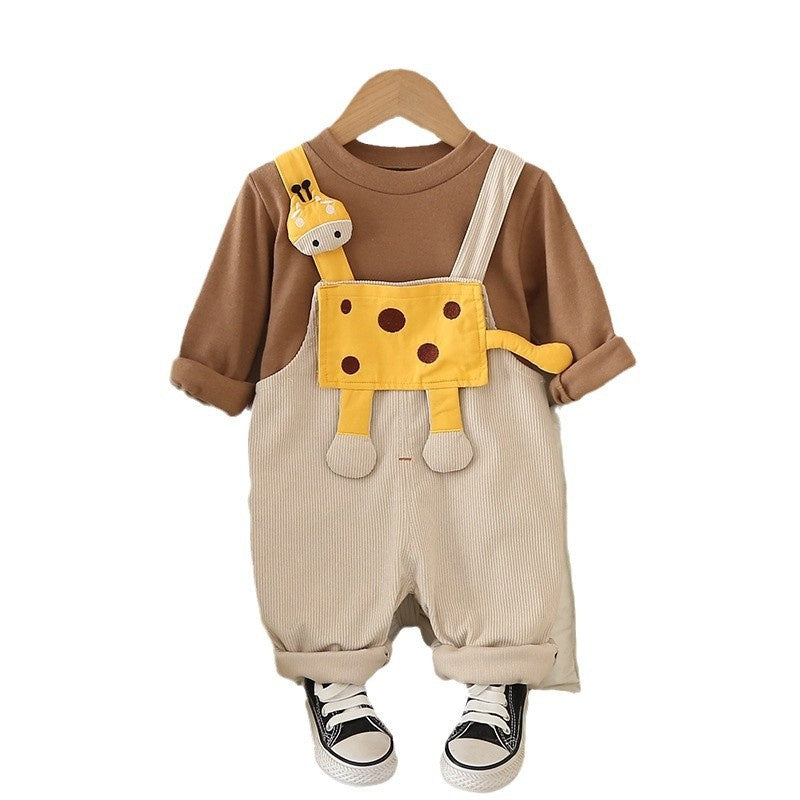 Boys' Spring and Autumn Outfit 2025 New Stylish Children's for Boys Aged 1 to 3 with Giraffe Strap Two-Piece Set