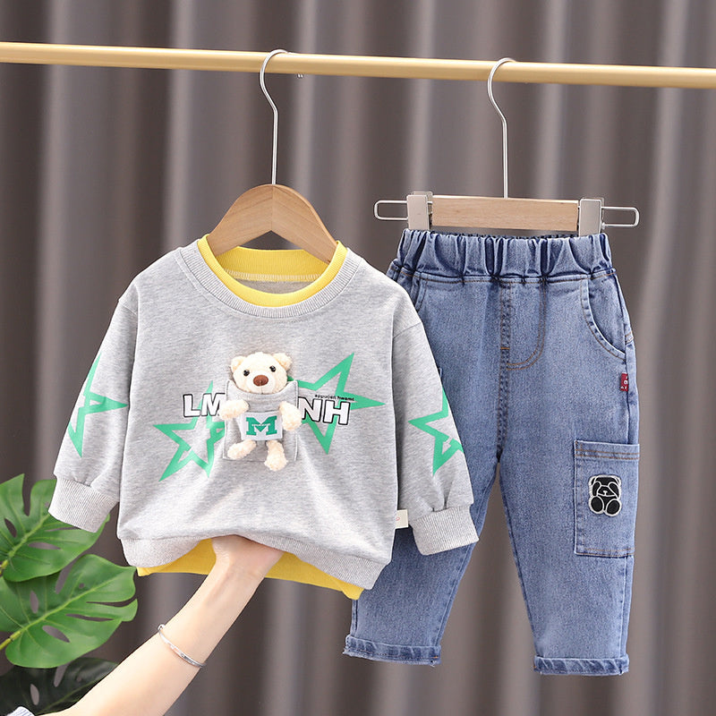 Sweatshirt Spring and Autumn 2025 New Boys' Personalized Printed Jeans Toddler Cartoon Bear Two-Piece Set