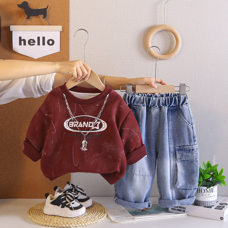 Boys' outfit, infant autumn two-piece set, children's new stylish letter-print clothing for spring and autumn, trendy wholesale