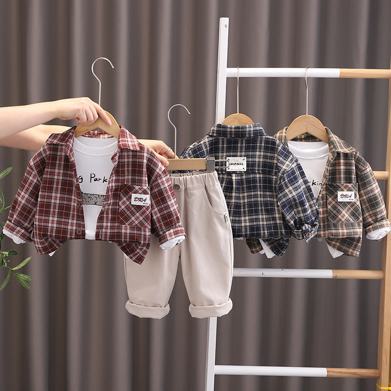 Boys' Spring and 2025 Autumn Outfit Korean Style Children's Fashionable Label Plaid Shirt Three-Piece Set Trendy