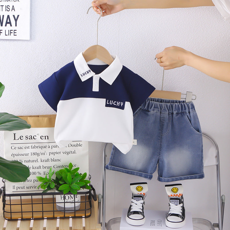 Boys' Summer Outfit: Stylish Color-Block Embroidered Collar Short-Sleeve Clothes, 2026 New Fashionable Baby Children's Two-Piece Set