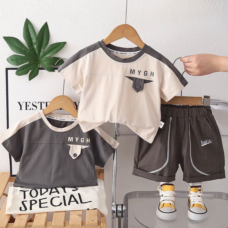 2026 New Boys' Two-Piece Set Children's Letter Color-Block Short-Sleeve Thin Baby Summer Clothes Trendy